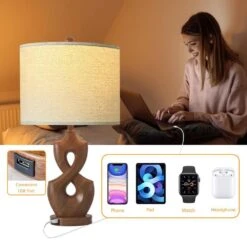 Cincinati 24 In. Wood Grain Modern Dimmable Resin Living Room Bedside Desk Nightstand Table Lamps USB Port Set Of 2 -Lamp Parts wood grain maxax table lamps t189 wg 44 1000