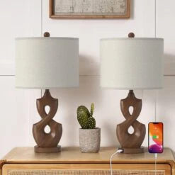 Cincinati 24 In. Wood Grain Modern Dimmable Resin Living Room Bedside Desk Nightstand Table Lamps USB Port Set Of 2
