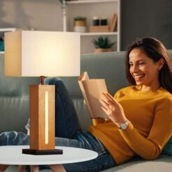 22 In. Rustic Wood Grain Bedside Lamps Set Of 2, Modern Square Dimmable Table Lamp With Shades LED Bulbs For Living Room -Lamp Parts wood grain rottogoon table lamps palp447ao2 40 1000