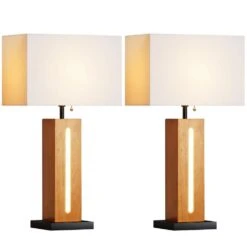 22 In. Rustic Wood Grain Bedside Lamps Set Of 2, Modern Square Dimmable Table Lamp With Shades LED Bulbs For Living Room