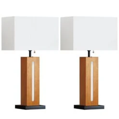 22 In. Rustic Wood Grain Bedside Lamps Set Of 2, Modern Square Dimmable Table Lamp With Shades LED Bulbs For Living Room -Lamp Parts wood grain rottogoon table lamps palp447ao2 c3 1000