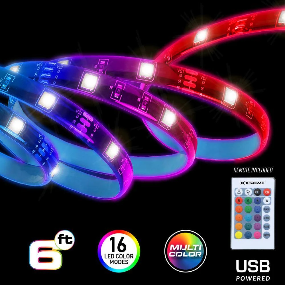 Xtreme 6 Ft. Multi-Color LED Strip, Customizable With Remote, 16 Color And 4 Modes, Ideal For Device Backlighting 5 Xtreme 6 Ft. Multi-Color LED Strip, Customizable With Remote, 16 Color And 4 Modes, Ideal For Device Backlighting - Image 3