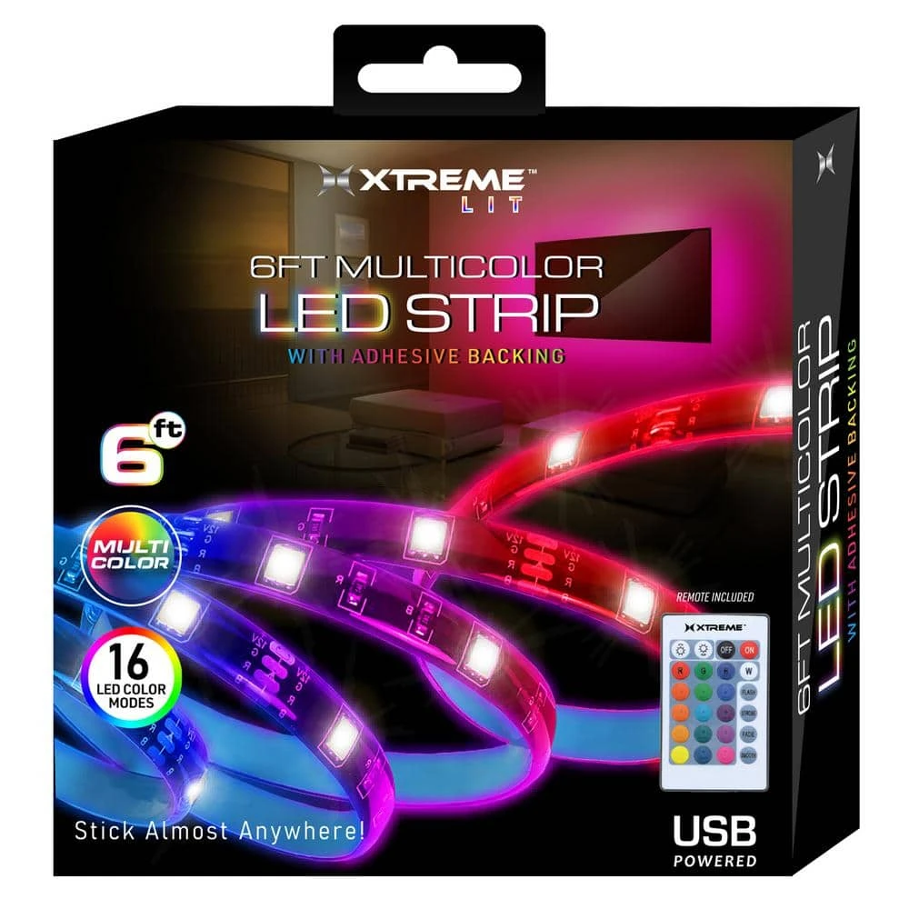 Xtreme 6 Ft. Multi-Color LED Strip, Customizable With Remote, 16 Color And 4 Modes, Ideal For Device Backlighting 3 Xtreme 6 Ft. Multi-Color LED Strip, Customizable With Remote, 16 Color And 4 Modes, Ideal For Device Backlighting