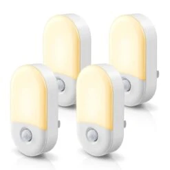 Motion Sensor Night Light Plug-In, 4-Pack, 3000K Warm White, Adjustable Brightness For Bathroom, Bedroom, Hallway
