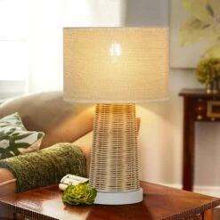 15.4 In. Yellow Rustic Farmhouse Handmade Rattan Table Lamps -Lamp Parts yellow innobule table lamps ww fan270 fa 1000