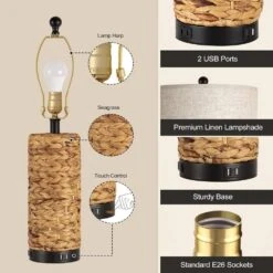 26 In. Tall Yellow Coastal Farmhouse Touch Table Lamps Set Of 2 With 3 Way Dimmable, 2 USB Ports -Lamp Parts yellow seagrass rottogoon table lamps hmlp150az2 1d 1000