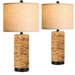 26 In. Tall Yellow Coastal Farmhouse Touch Table Lamps Set Of 2 With 3 Way Dimmable, 2 USB Ports
